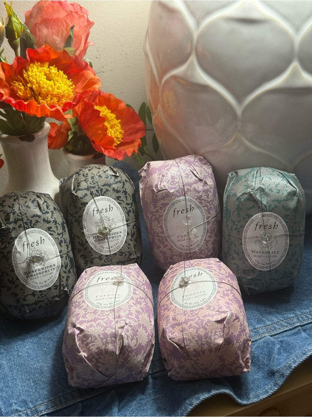 FRESH 6Pack!!!! NewElegantly Wrapped Soaps:Hesperides-2, Freesia-3, Waterlily-1